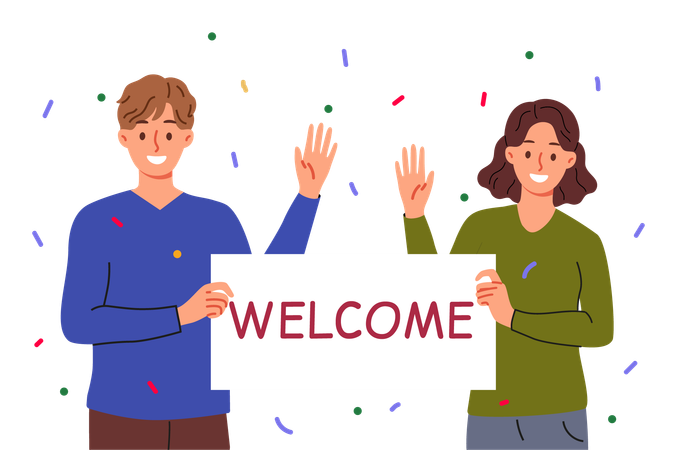Welcome banner in hands man and woman waving hand in greeting and inviting guests to festival  Illustration
