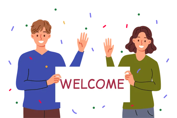 Welcome Banner In Hands Man And Woman Waving Hand In Greeting And Inviting Guests To Festival Cheerful Couple Shows Inscription Welcome Standing Among Falling Candy During Housewarming Party イラスト