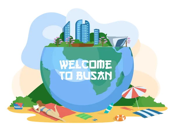 Welcome To Busan Tourist Travel Promotion Poster With Clean Ecology Beautiful Sea Beaches Journey To Asian Country In South Korea Tourism Banner Entertainment And Excursions In Modern Big Town 일러스트레이션