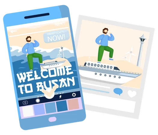 Welcome To Busan Major South Korea Port City Tourist Travel Promotion Poster With Man Stands On Yacht Sailing On Sea Journey To Asian Country South Korea Summer Tourism Banner Entertainment Illustration
