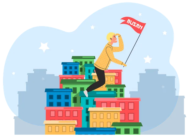 Welcome To Busan City Advertising Travel Poster Guy Has Adventures On Excursion In South Korea Tourist Sitting Astride Rooftops Of Colored Houses Man Sitting And Holding Red Flag In His Hands Illustration