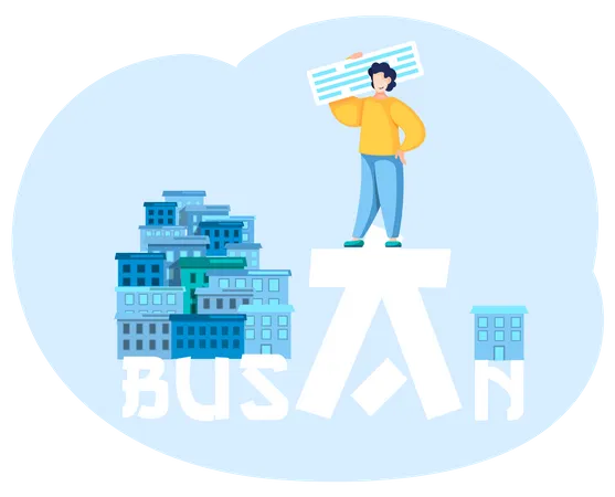 Welcome To Busan Tourist Travel Promotion Poster With Man Standing Near Modern Constructions Journey To Asian Country In South Korea Tourism Banner Entertainment And Excursion In Modern Big Town Illustration