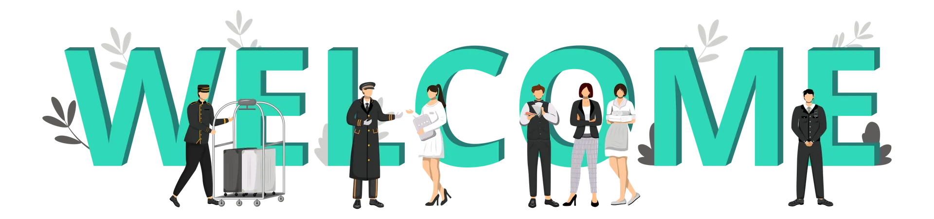 Welcome To Hotel Flat Color Vector Illustration Hospitality Business Accommodation Service Hall Porter Doorman Resort Manager Working Staff Isolated Cartoon Characters On White Illustration