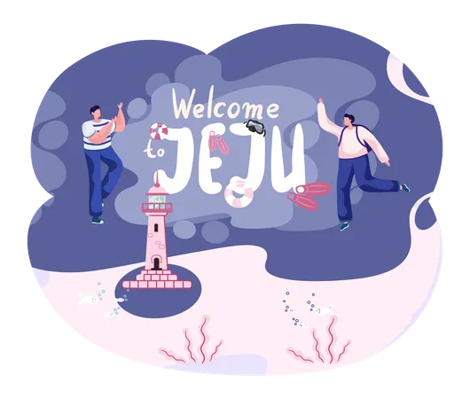 Wellcom To Jeju Island In South Korea Traditional Elements Layout Of Postcard With Invitation To Island For Tourists Nature And Architecture Of Island In Korea Attraction Landmarks Of Jeju Illustration