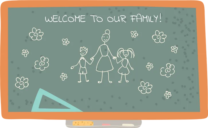 Education Vector Blackboard With Drawing Made With Chalk Welcome To Your Class Teacher And Kids Flowers And Floral Elements Flat Style Board Back To School Concept Flat Cartoon 일러스트레이션