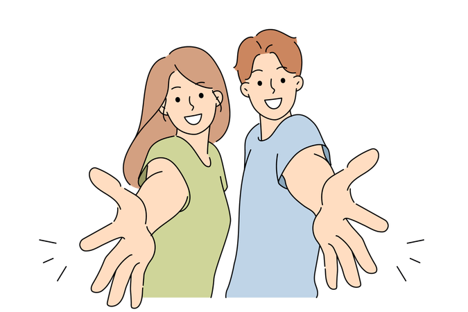 Welcoming gesture made by man and woman inviting you to visit or wanting to hug friends  Illustration