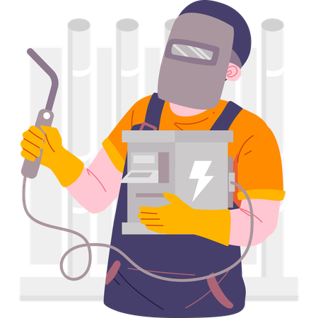 Welder carrying portable welding machine and doing work  Illustration