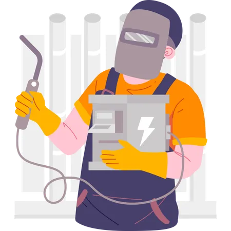 Welder carrying portable welding machine and doing work  Illustration