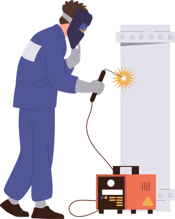 Welder man character using arc welding machine apparatus for work  Illustration