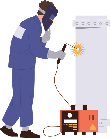 Welder man character using arc welding machine apparatus for work  Illustration