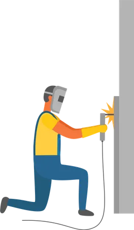 Man Working On Welding Vector Isolated Character Welder Wearing Protective Mask And Gloves Male Worker Repairing Wall Connecting Items Together Illustration