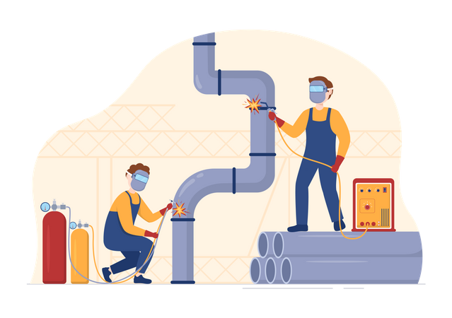 Welding service man repairing steel pipe  Illustration