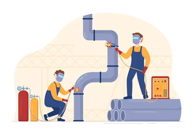 Welding service man repairing steel pipe  Illustration