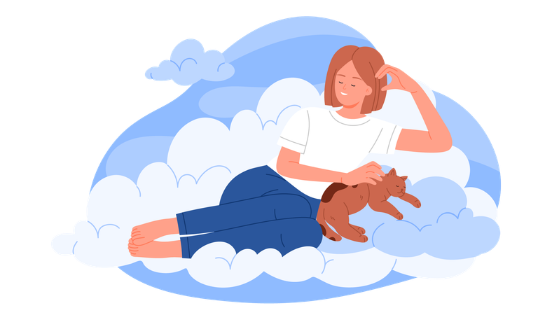 猫と一緒に白い雲の上に座っている女の子の幸福と心の平安  イラスト