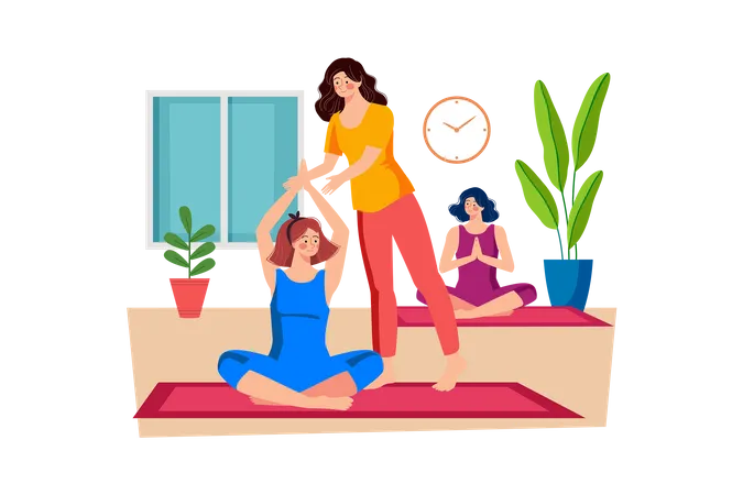 Das Personal des Wellness-Retreats leitet Yoga- und Meditationssitzungen für Gäste  Illustration
