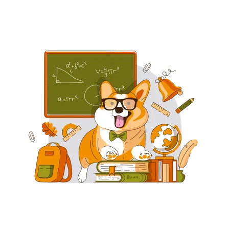 Étudiant Welsh Corgi Dog avec des lunettes et des livres à l'école  Illustration