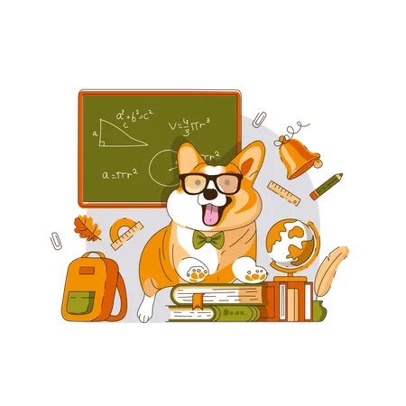 Welsh Corgi Dog student with glasses and Books at School  Illustration