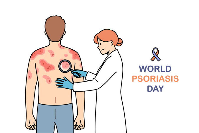 Inschrift zum Welt-Psoriasis-Tag in der Nähe eines Arztes, der einen Patienten mit Ekzemen auf dem Rücken untersucht  Illustration