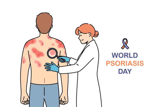 Inschrift zum Welt-Psoriasis-Tag in der Nähe eines Arztes, der einen Patienten mit Ekzemen auf dem Rücken untersucht  Illustration