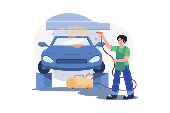 Garagenarbeiter putzt Auto  Illustration
