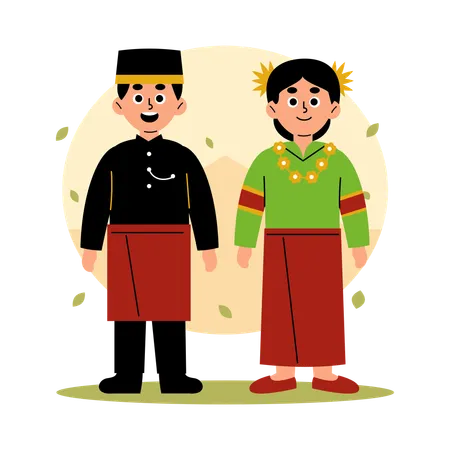 Couple traditionnel de Sulawesi occidental en vêtements culturels, Sulawesi occidental  Illustration