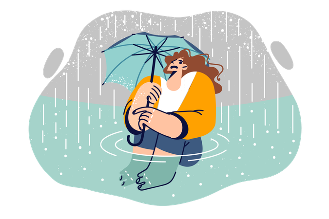 Wet woman with umbrella sits in puddle during rain or hurricane  Illustration