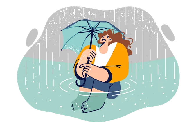 Wet woman with umbrella sits in puddle during rain or hurricane  Illustration