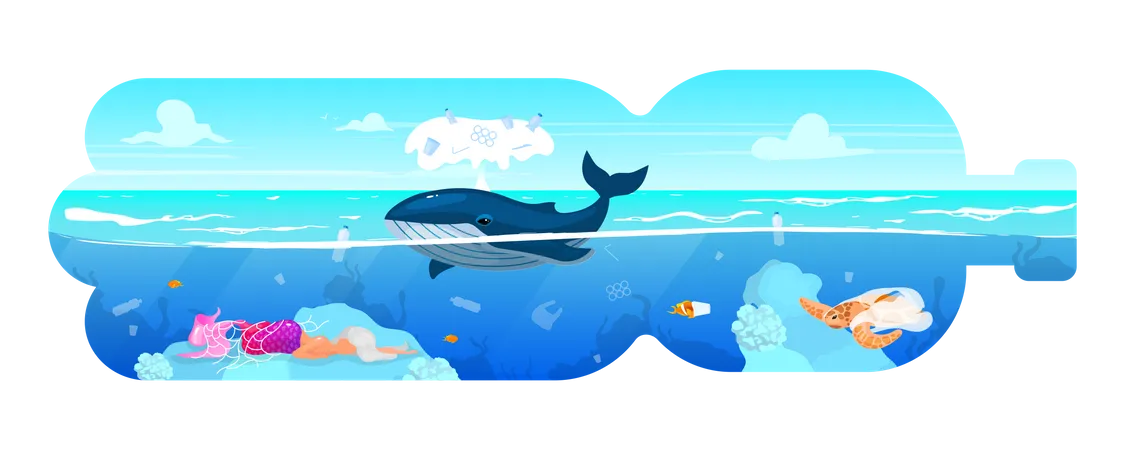 Whale and waste in plastic bottle Illustration