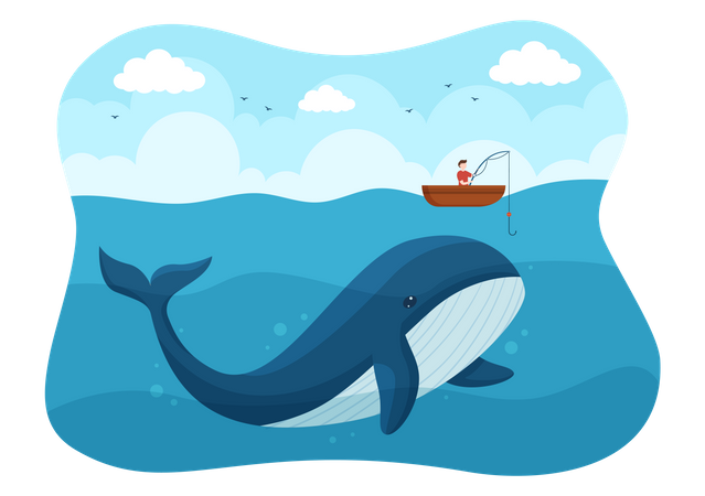 Whale Caught by Fisherman Illustration