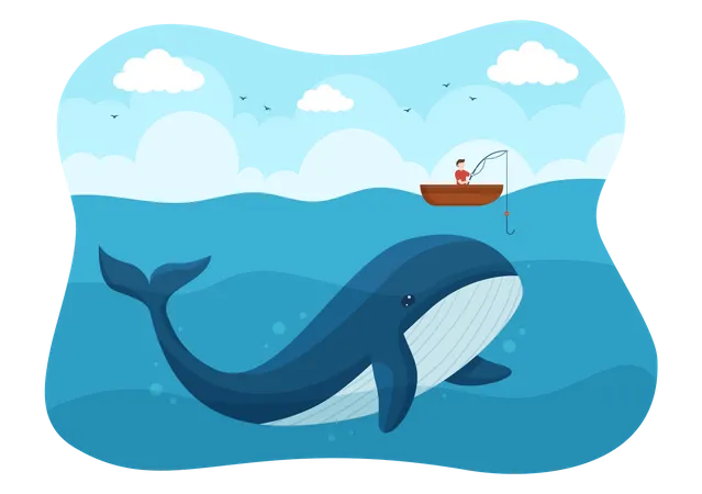 Whale Caught by Fisherman Illustration