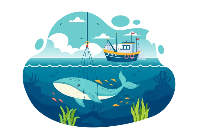 Whale Hunting Vector Illustration With The Activity Of Catch Whales To Obtain Products That Humans Can Use By Illegally In Flat Cartoon Background Illustration