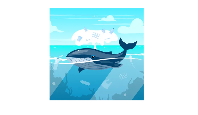 Whale in ocean with plastic waste  Illustration