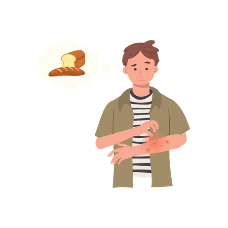 Wheat Allergy Reaction Man With Itchy Red Rash On Arm Allergic Skin Problem From Bread Illustration