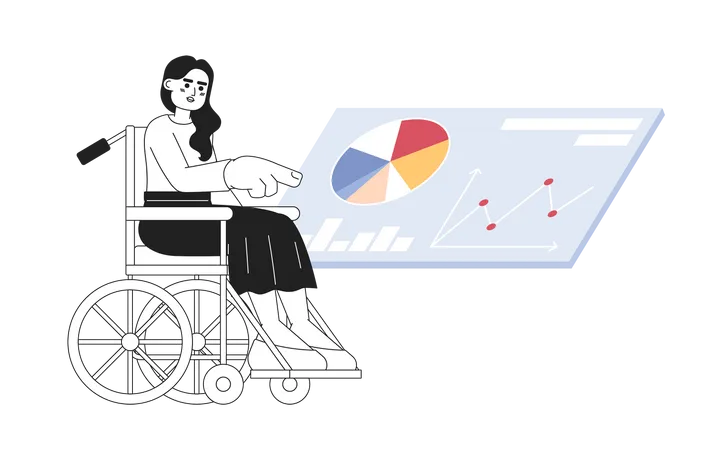 Wheelchair Woman Touching Virtual Screen Black And White 2 D Cartoon Character Indian Young Adult Lady Studying Data Isolated Vector Outline Person Analyst Female Monochromatic Flat Spot Illustration Illustration
