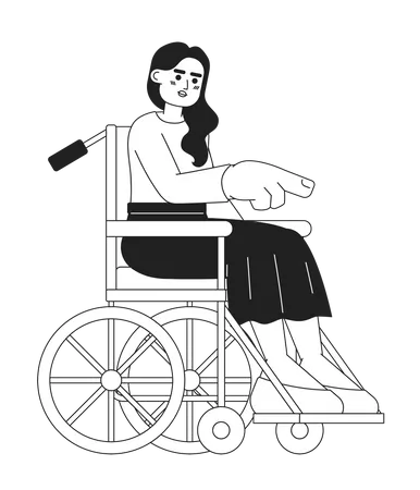 Wheelchair Young Woman Pointing With Finger Black And White 2 D Cartoon Character Indian Young Adult Female With Disability Isolated Vector Outline Person Monochromatic Flat Spot Illustration Illustration