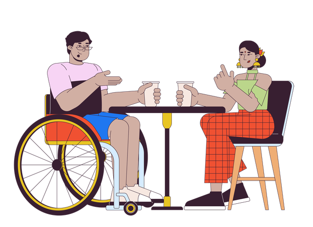 Wheelchairs arab man with friend in cafe  Illustration