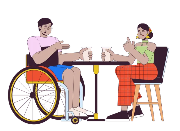 Wheelchaired Arab Man With Friend In Cafe 2 D Linear Cartoon Characters Disabled Male And Hindu Woman Isolated Line Vector People White Background Diversity Color Flat Spot Illustration Illustration