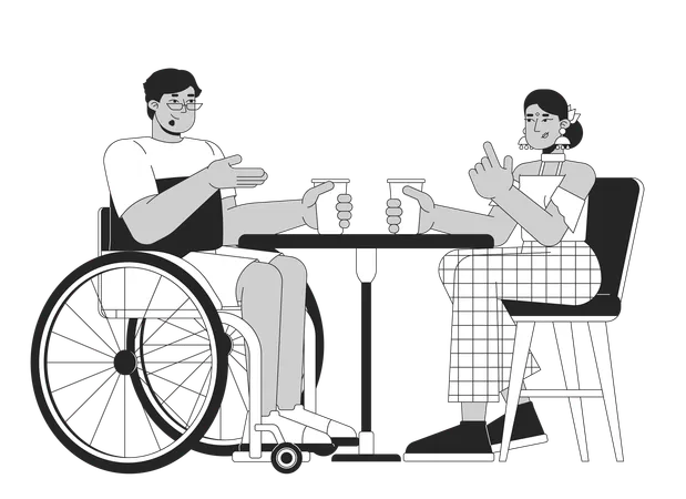 Wheelchaired Arab Man With Friend In Cafe Black And White 2 D Line Cartoon Characters Disabled Male And Hindu Woman Isolated Vector Outline People Diversity Monochromatic Flat Spot Illustration Illustration