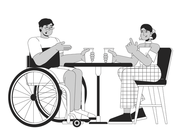 Wheelchairs arab man with friend in cafe  Illustration