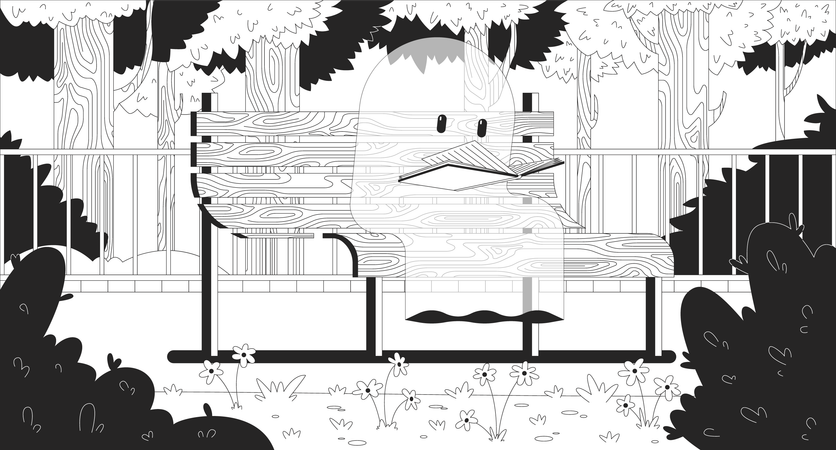 Whimsical ghost reading on park bench peacefully  Illustration