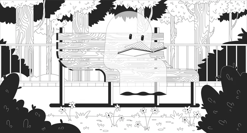 Whimsical ghost reading on park bench peacefully  Illustration