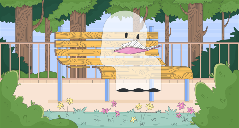 Whimsical ghost reading on park bench peacefully  Illustration