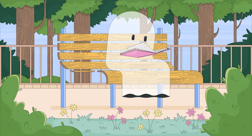 Whimsical ghost reading on park bench peacefully  Illustration