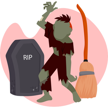 Whimsical zombie with a broom stands beside a tombstone creating a humorous  Illustration