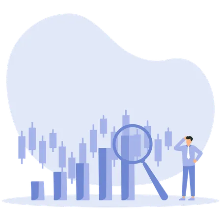 White collar man is analyzing stock market data with magnifying glass  Illustration