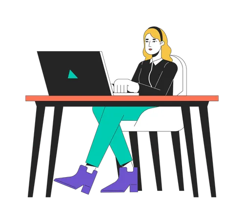 White Collar Worker Typing Laptop Workplace 2 D Linear Cartoon Character European Female Isolated Line Vector Person White Background Corporate Employee In Office Color Flat Spot Illustration Illustration
