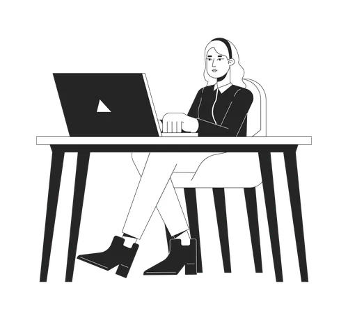White Collar Worker Typing Laptop Workplace Black And White 2 D Line Cartoon Character European Female Isolated Vector Outline Person Corporate Employee In Office Monochromatic Flat Spot Illustration Illustration