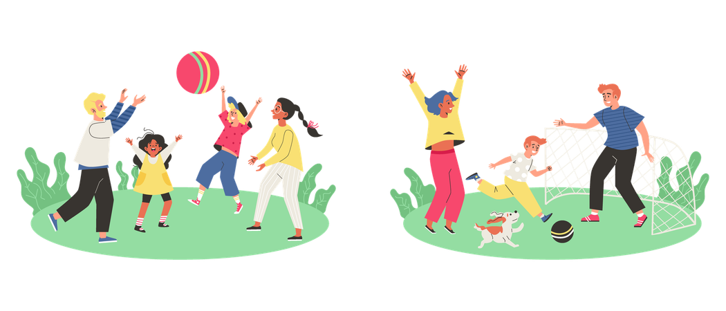 백인 아빠와 인도인 엄마가 아이들과 함께 공원의 푸른 잔디밭에서 공을 차고 있습니다. 백인 빨간 머리 남편과 히스패닉 아내가 축구를 합니다. 다문화 가족, 건강하고 활동적인 스포츠 라이프스타일 만화 벡터 세트  일러스트레이션