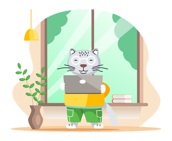 White tiger working on laptop  Illustration