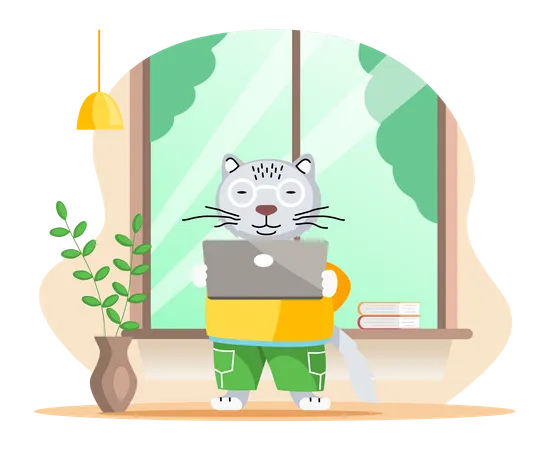 White tiger working on laptop  Illustration